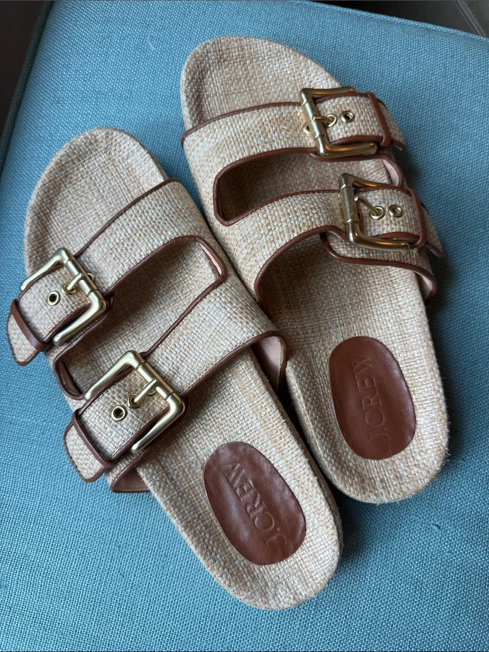 J. Crew Tan Raffia Double-Buckle Slide Sandals with Brown Trim and Gold Buckles